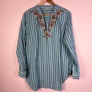Soft Surroundings Blue Striped Beaded Tunic Top Coastal Boho Beach